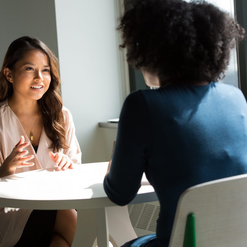two-women-discussing-across-a-table-at-vet-school-interview