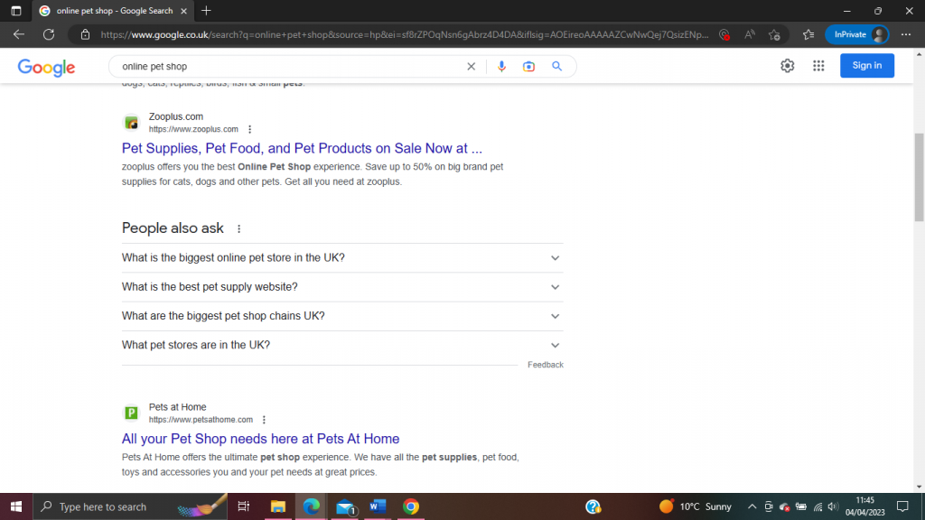 Image is a screenshot of a Google SERP results page showing People Also Asked results for the search term 'online pet shop' to illustrate this method of finding pet company SEO keywords