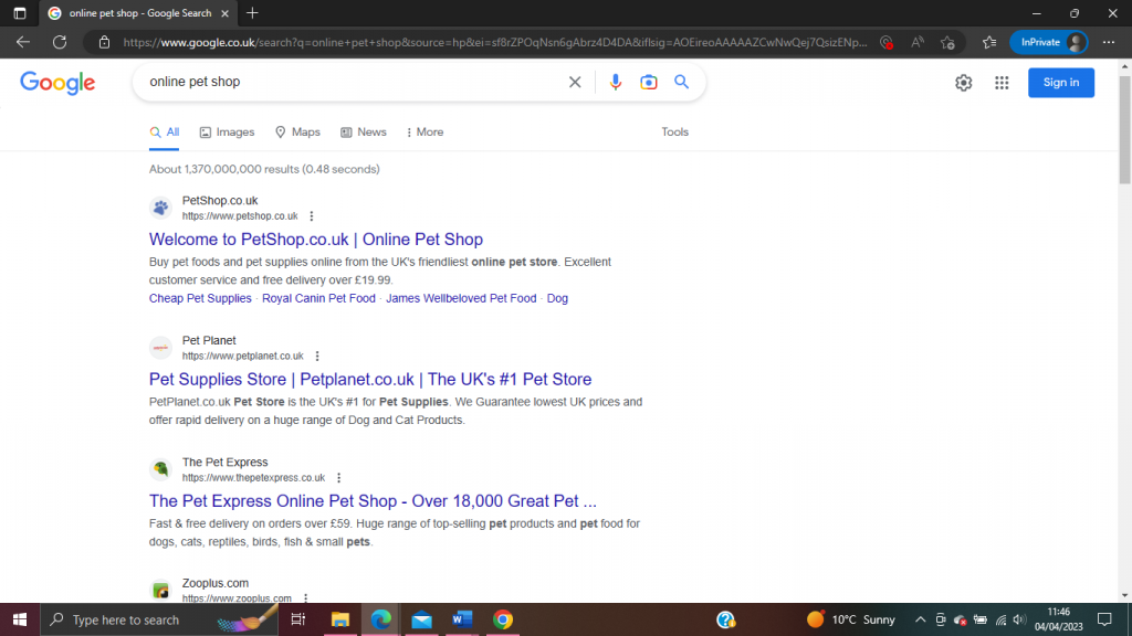 Image is a screenshot of a Google SERP results page showing results for the search term 'online pet shop' to illustrate this method of finding pet company SEO keywords